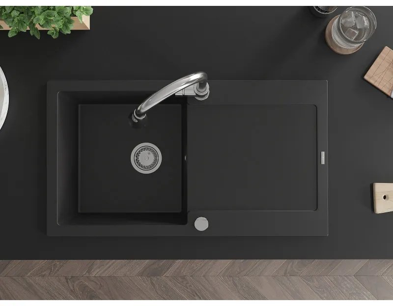 Mexen Leo, 1 kamrás gránit mosogató 900x500x190 mm és Elia mosogató csaptelep, fekete, 6501-77-670101-00