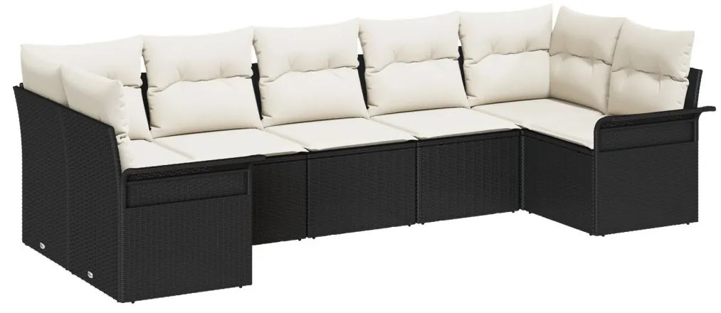 7 Részes Kert Sofaszett Párnákkal Fekete Poli Rattan, 2-Fős Kert Kanapé Tárolóval és Párnákkal Fekete Poli Rattan