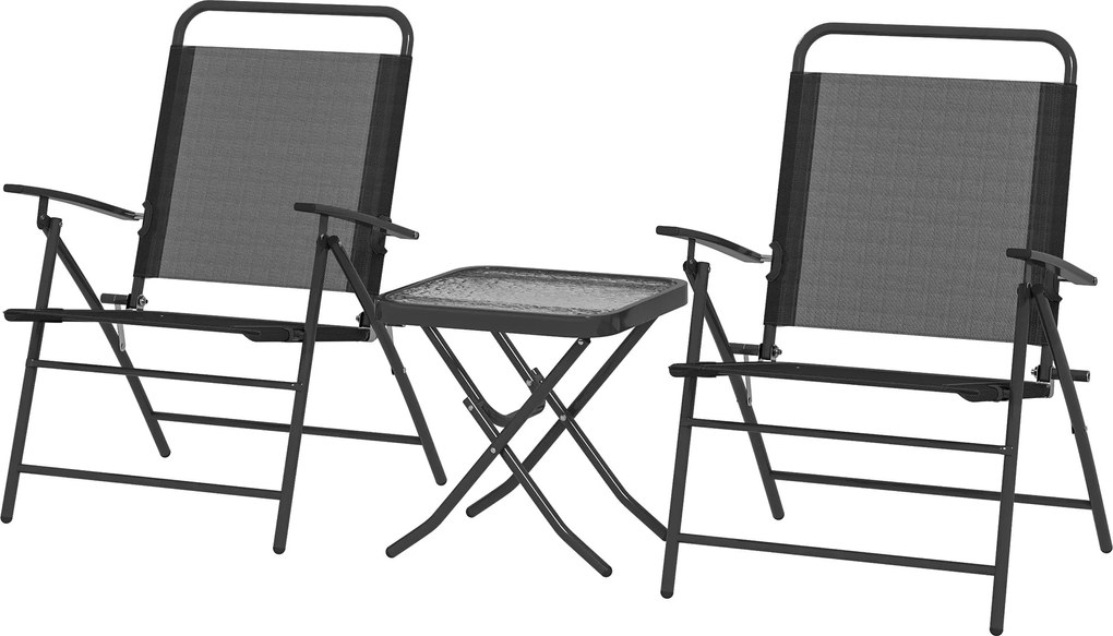 Outsunny 3 részes kültéri teraszasztal és szék szett - Összecsukható bútor állítható háttámlával, üveg asztallappal és fekete acél kerettel | Aosom