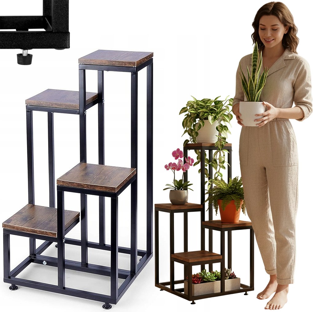 Álló Virágágyás Fém Fekete Loft Virágtartó állvány 4 polc 4 szintes