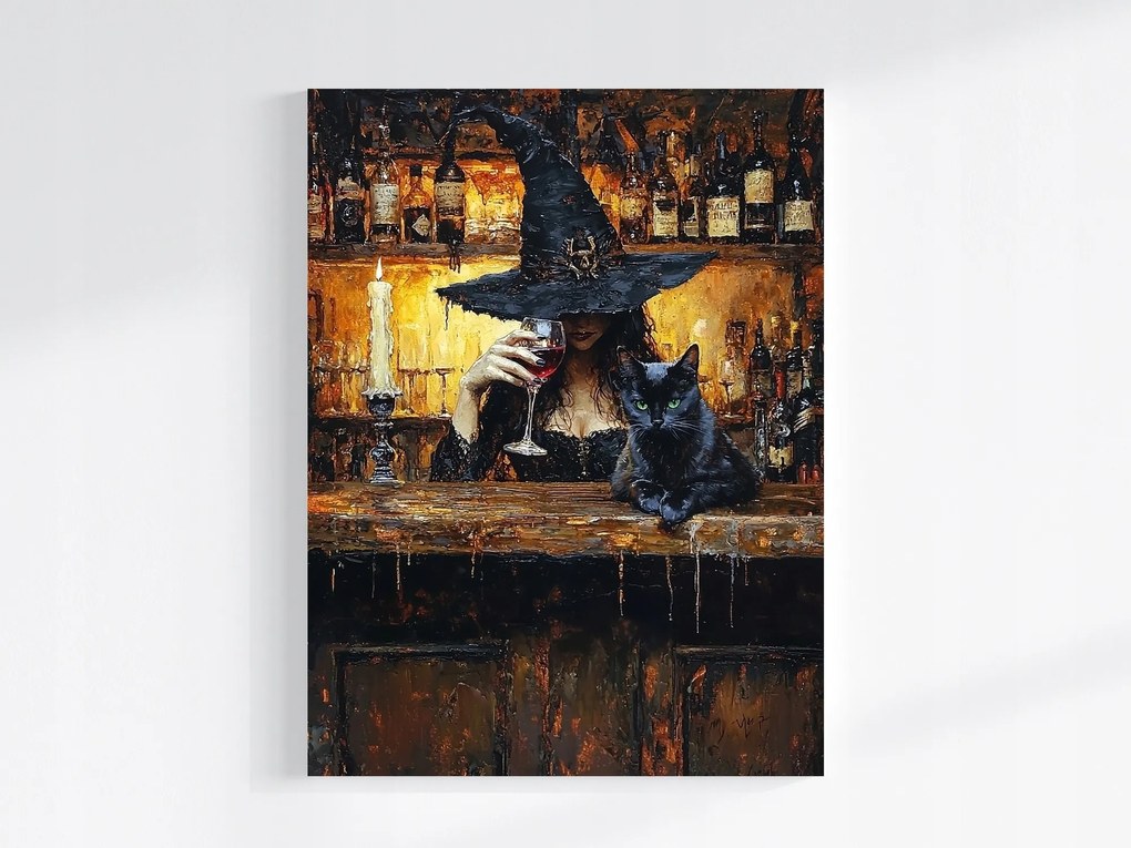 Vászonkép Canvas Portré Boszorkány Macska Bár Bor 75x100