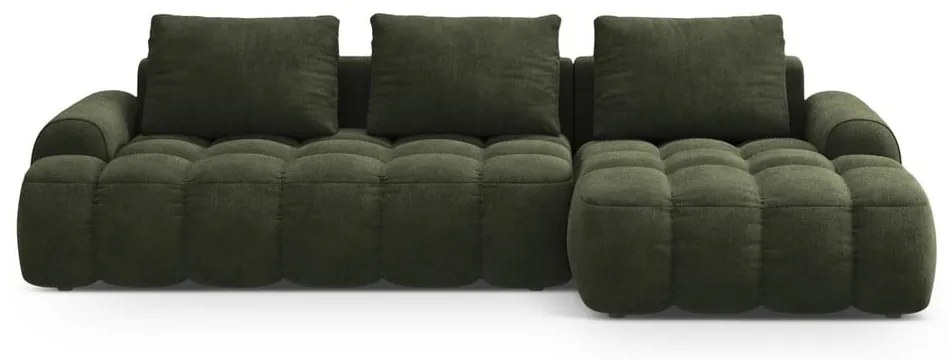 Zöld bársony kinyitható-tárolóhelyes sarokkanapé (jobb oldali-heverő résszel) Linz – Cosmopolitan Design
