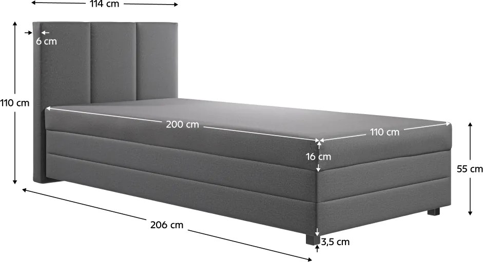 Boxspring ágy, egyszemélyes, szürke, 110x200, univerzális, ALEXA