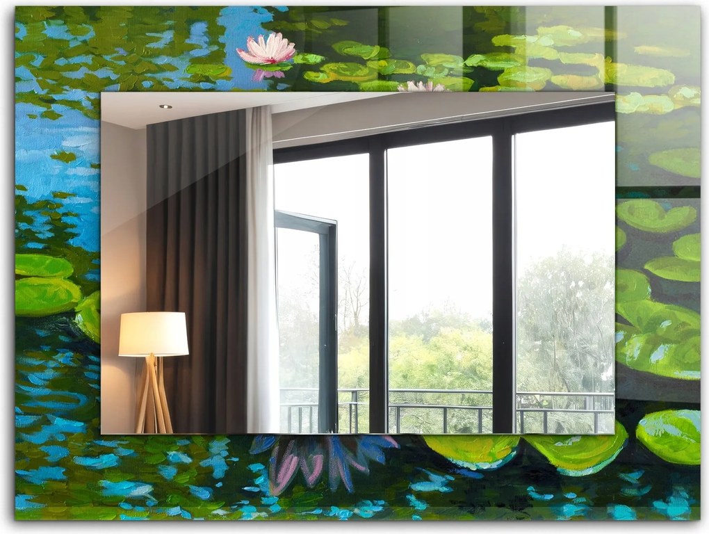 Prémium nyomott mintás tükör üveg díszkerettel 80x60 cm Tavirózsa tó