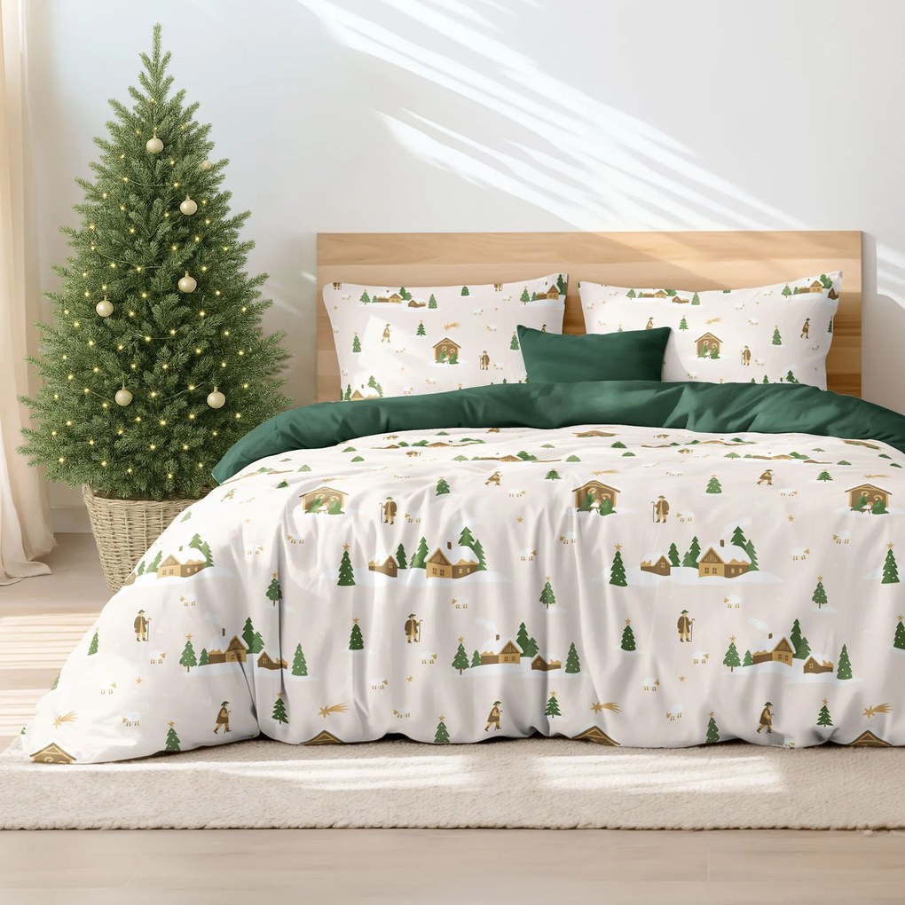Goldea karácsonyi pamut ágyneműhuzat duo - karácsonyi dalok, sötétzöld hátoldal 200 x 200 és 2db 70 x 90 cm