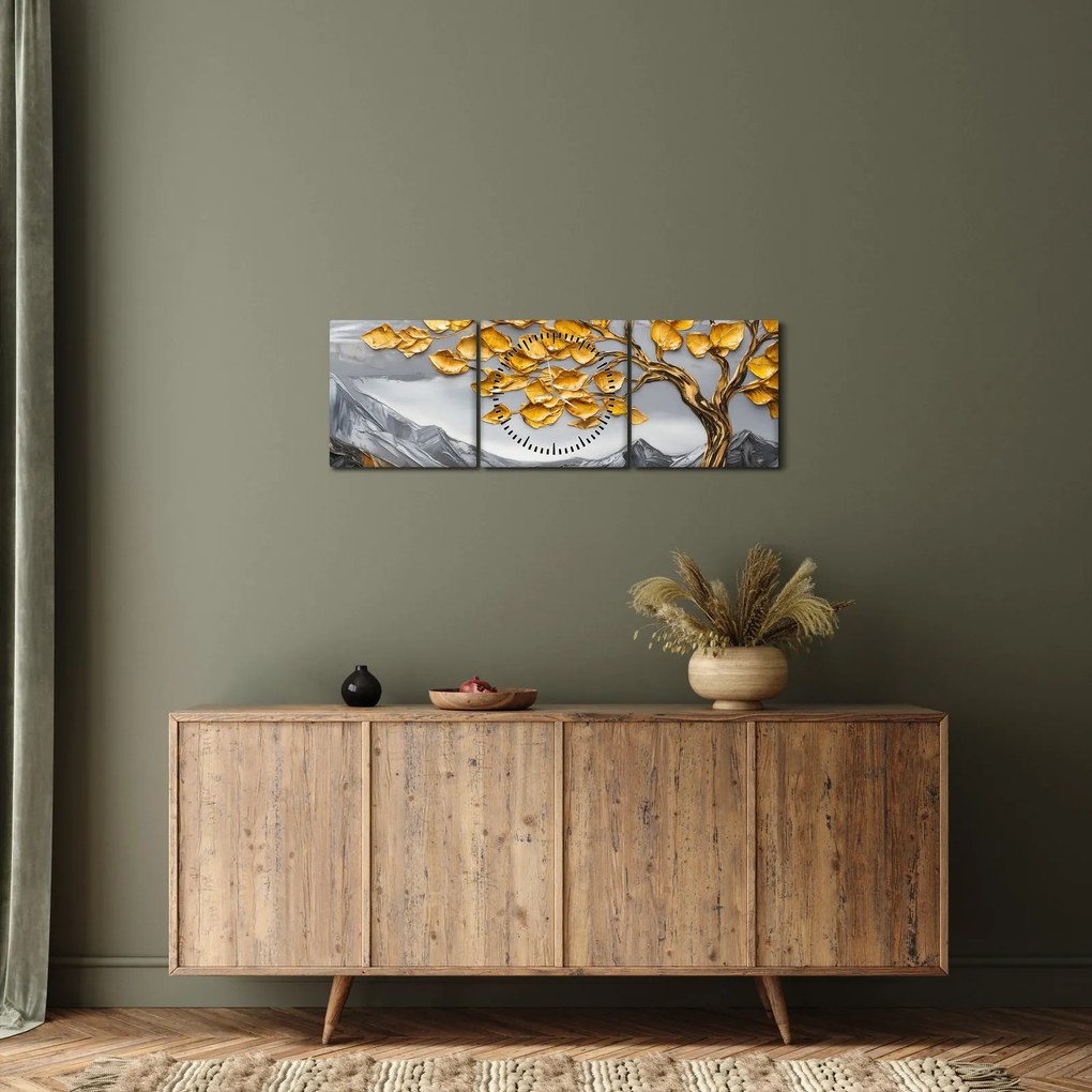 Kép – Fa arany levelekkel (órával) (90x30 cm)