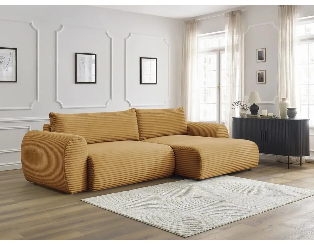 Mustársárga kordbársony kinyitható sarokkanapé (jobb oldali) Lucien – Bobochic Paris