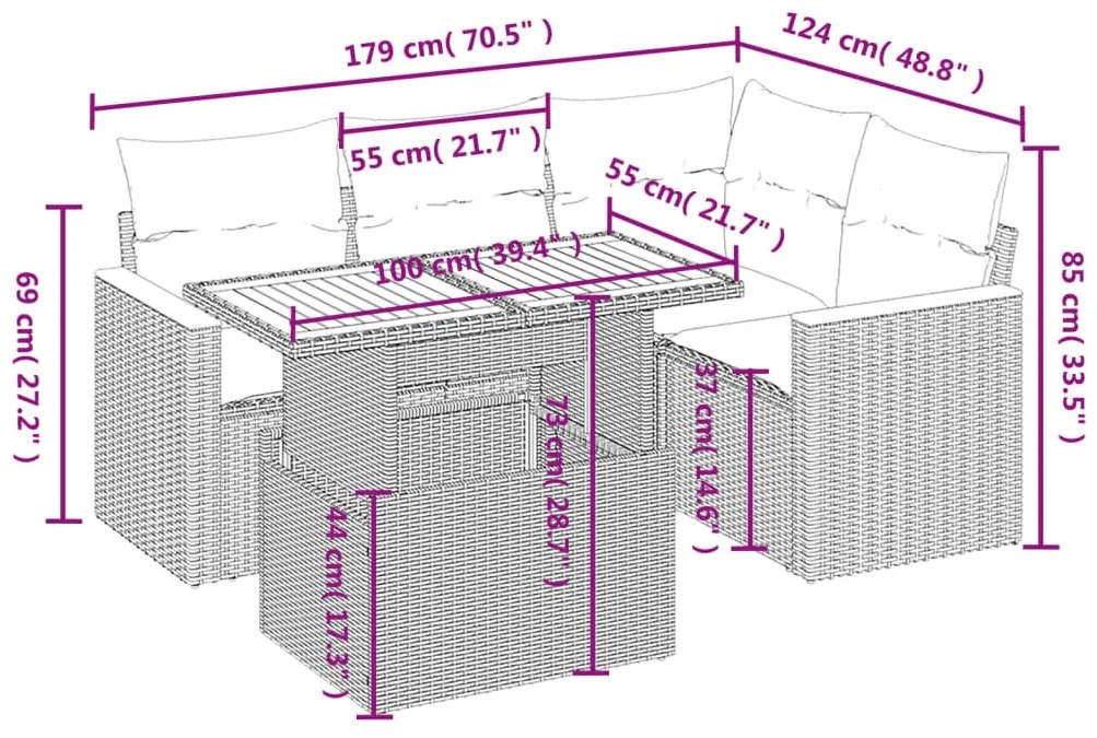 5 részes fekete polyrattan kerti kanapészett párnákkal