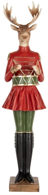 Clara Deerbell piros ruhás szarvas dobbal vintage karácsonyi dekor figura 77 cm