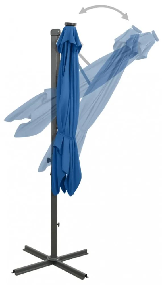 azúrkék konzolos napernyő rúddal és LED-fényekkel 250 cm