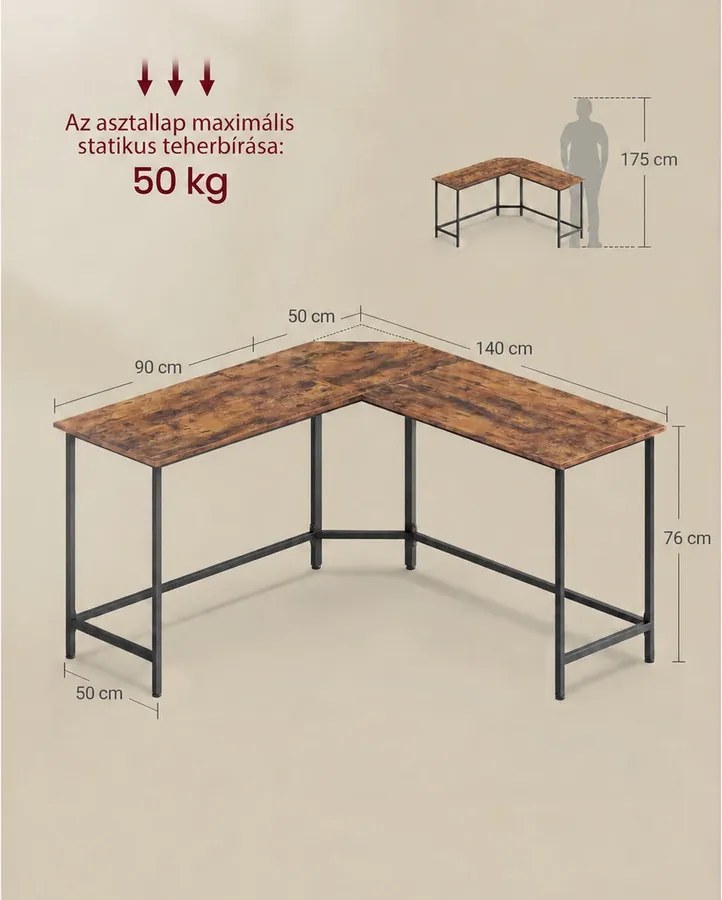 L alakú sarok íróasztal, számítógépasztal, 140 x 140 x 74,7 cm, rusztikus barna/fek