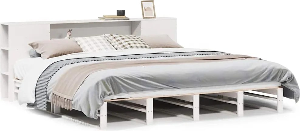 vidaXL fehér tömör fa könyvespolcos ágy matrac nélkül 200 x 200 cm