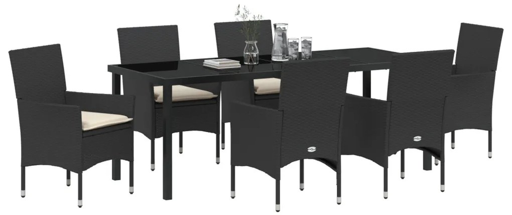 7 részes kerti étkező szett párnákkal fekete polirattannal, Kerti asztal fekete 200x80x73 cm edzett üveggel