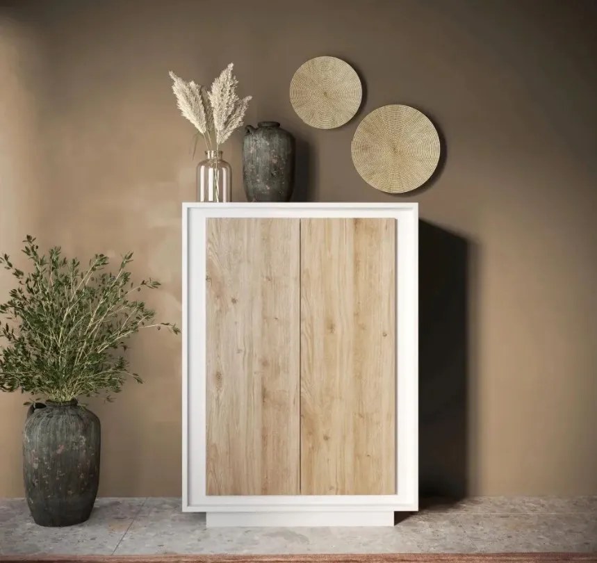 SKY 2.0 magas komód, 2 ajtóval, fehér matt lakkozott vázzal és Cadiz tölgy mintázatú laminált előlapokkal