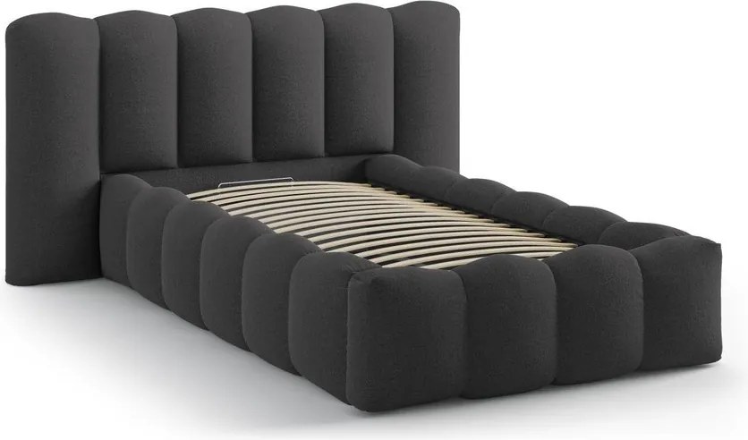 Antracitszürke kárpitozott ágyneműtartós egyszemélyes ágy ágyráccsal 90x200 cm Lupine – Micadoni