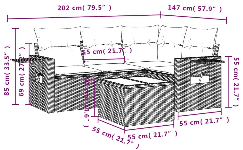 5 részes szürke polyrattan kerti ülőgarnitúra párnákkal