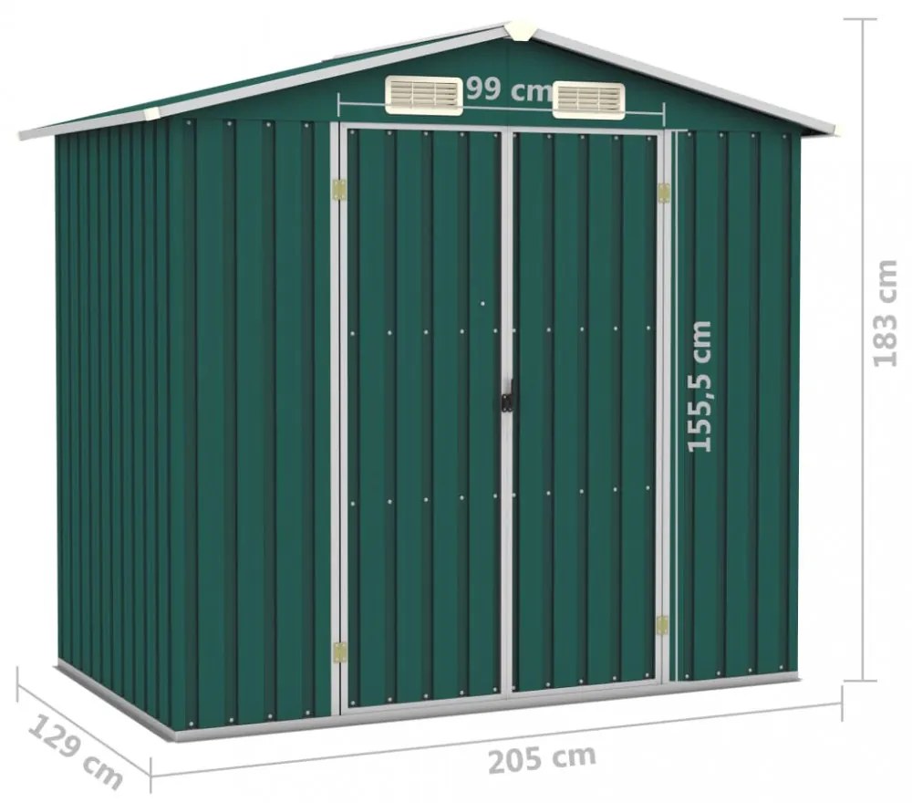 zöld horganyzott acél kerti fészer 205 x 129 x 183 cm