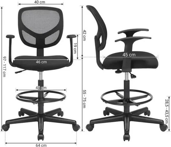 Ergonomikus irodai szék kartámaszokkal, magas forgó szék 55-75 cm ülésmagasság, fekete