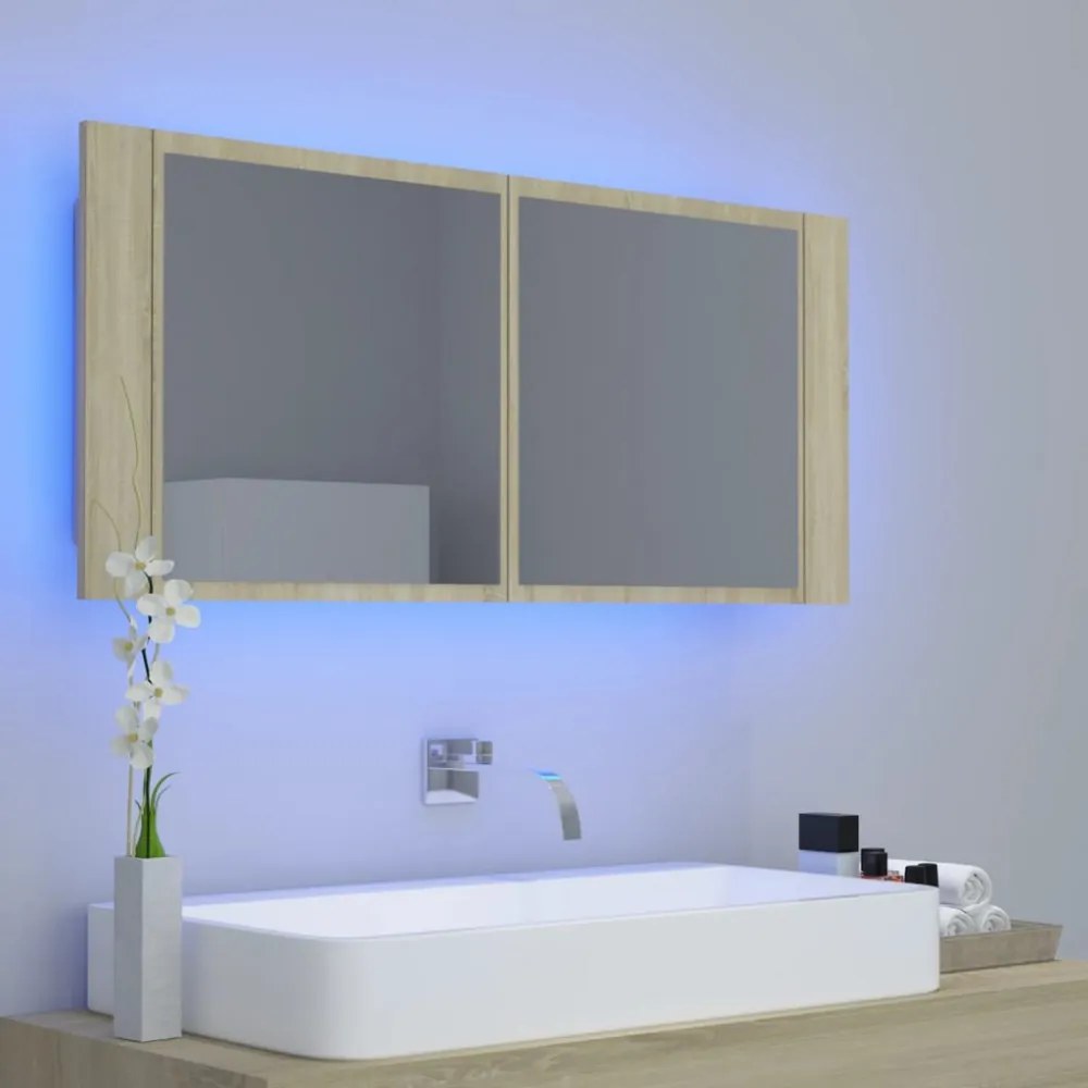 tölgyszínű akril LED-es tükrös fürdőszobaszekrény 100x12x45 cm