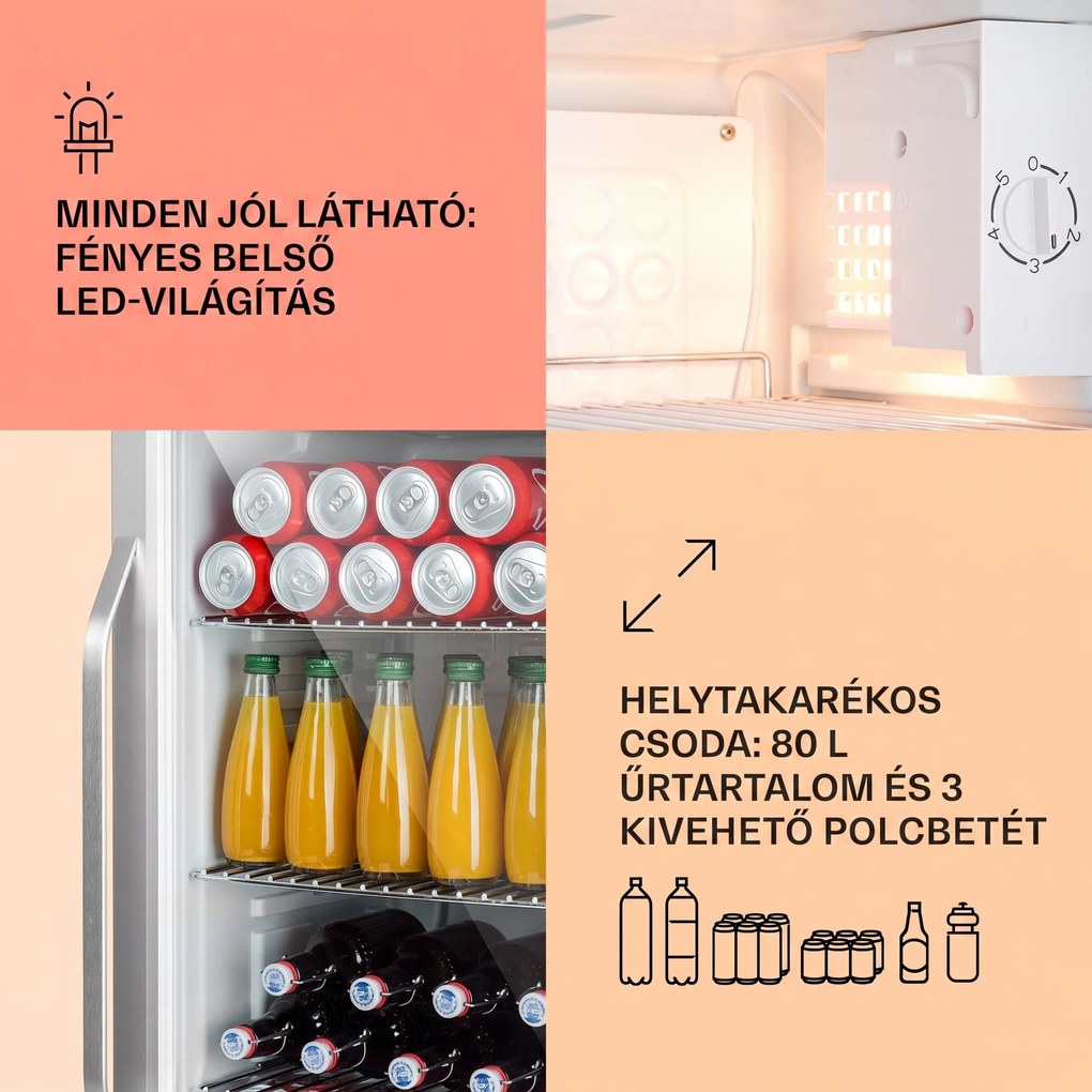 Klarstein Beersafe XXL Chrytal White, E energiahatékonysági osztály, LED, 3 fém polc, panoráma üvegajtó