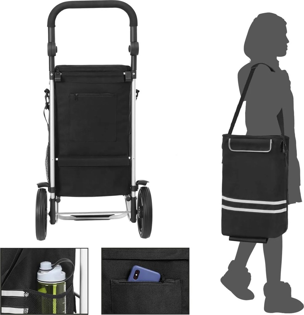 Bevásárlókocsi, többfunkciós bevásárlókosár, 35 literes, fekete