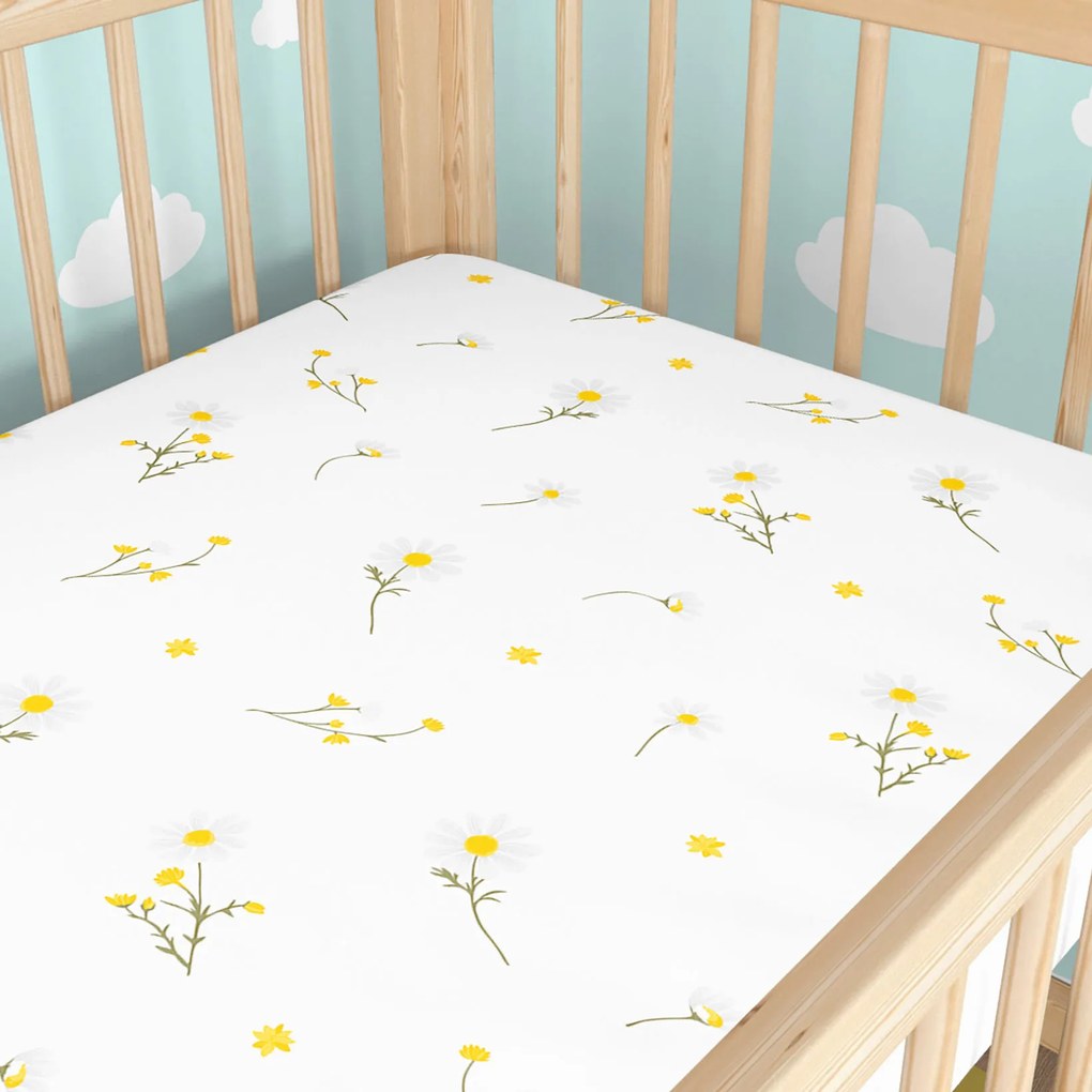 Goldea gyermek gumis pamut lepedő kiságyba - kamilla virágok 70 x 140 cm