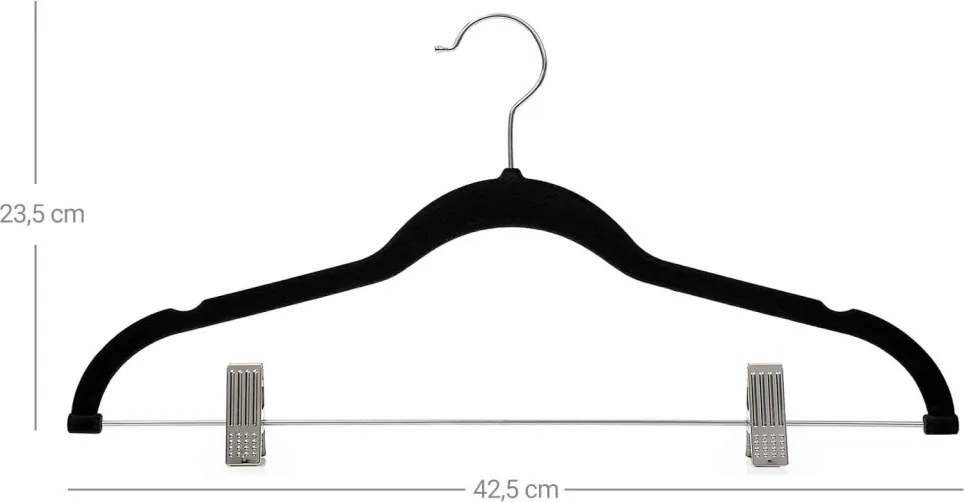 Nadrágtartós vállfák, 12 darabos szett, fekete 42,5 cm széles