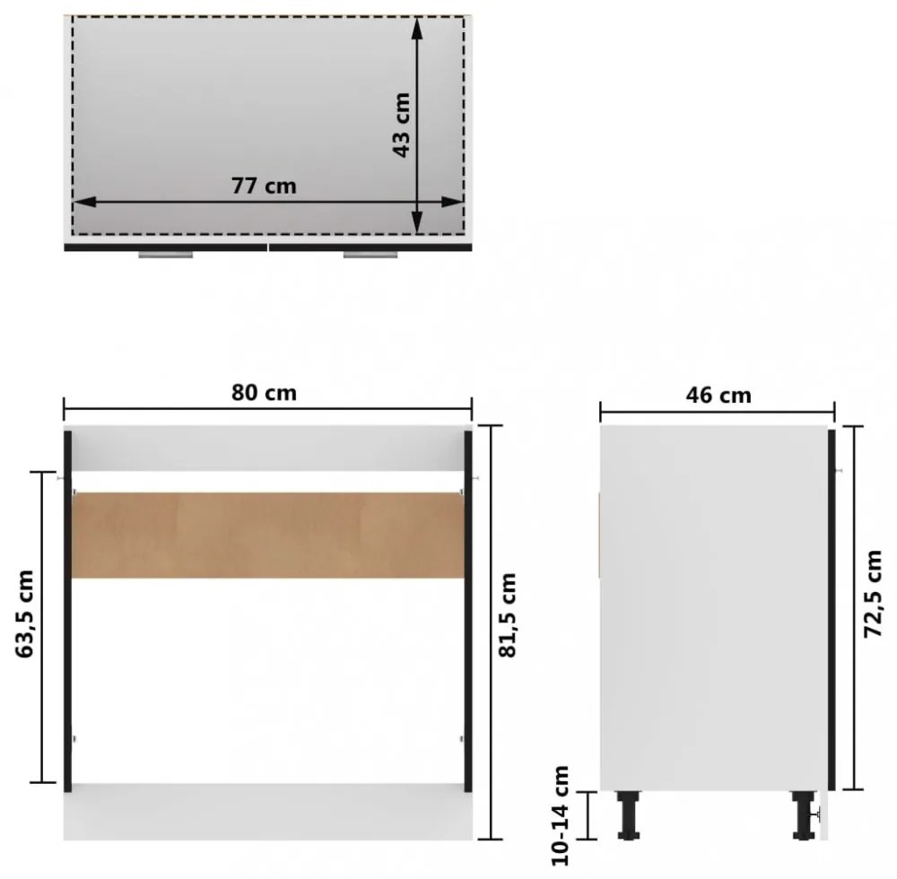 fekete szerelt fa mosogató alsószekrény 80 x 46 x 81,5 cm