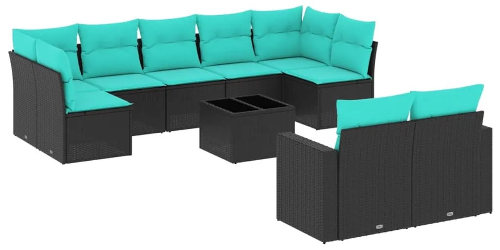 10 részes fekete polyrattan kerti ülőgarnitúra párnával
