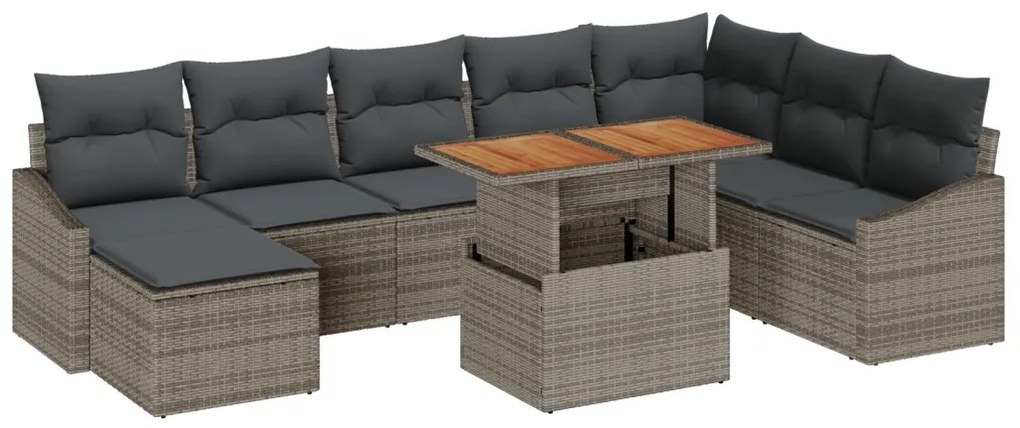 9 Darabos Kerti Étkező Szett Párnákkal Szürke Poly Rattan Akác