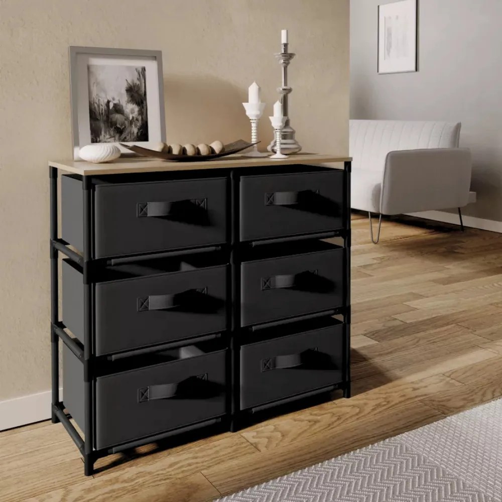 KÉSZLETKISÖPRÉS! Intenso Home komód 6db szövet fiókkal 76x68cm | Fekete - arany tölgy vászonfiókos tároló