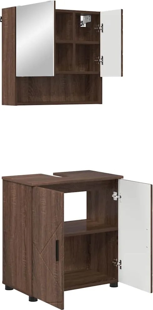 vidaXL Fürdőszoba bútor szett ajtóval 2 pcs Barna Tölgy Faanyag & Fém