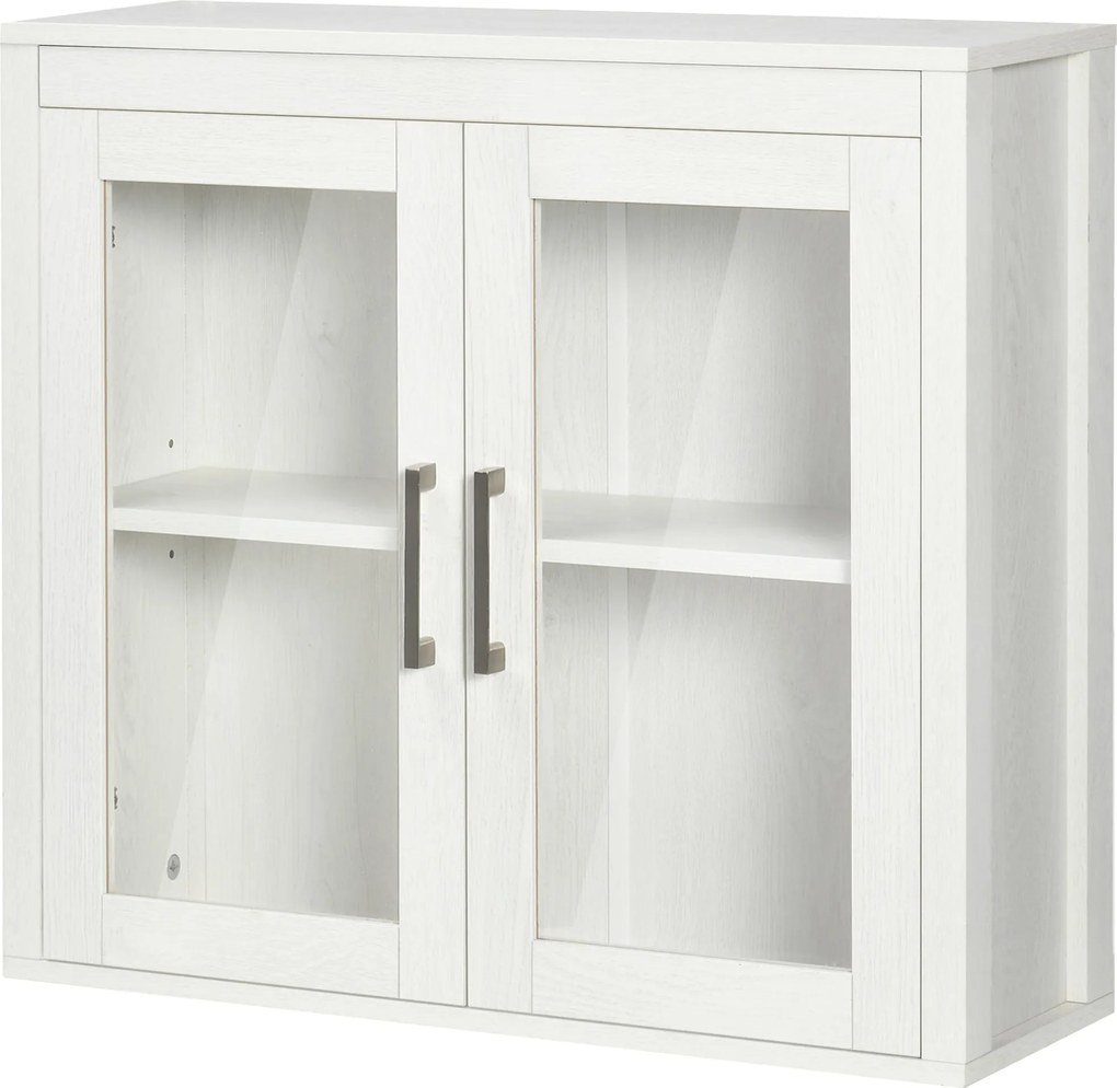 kleankin Fali Fürdőszobai Szekrény 2 Üvegajtóval és Állítható Polccal 60x19.5x54 cm Fehér | Aosom