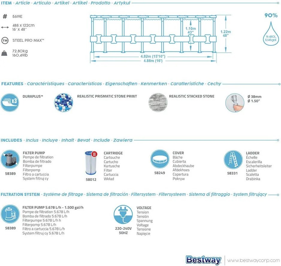 Bestway MONTEGO kőhatású fémvázas medence szett 488 cm x 122 cm