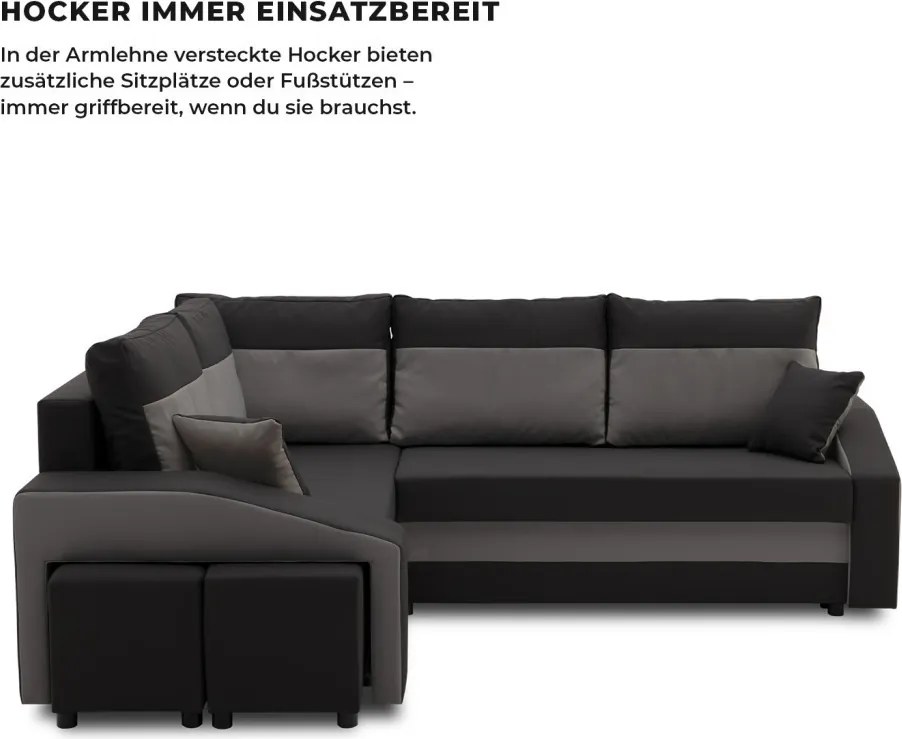 Grande sarokkanapé polcokkal és puffokkal , polc a jobb karfaban puffok a bal karfaban, baloldali, szövet anyag, hab töltet, fekete - szürke