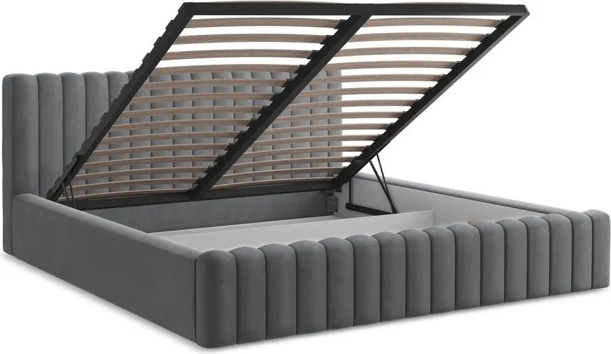 Szürke kárpitozott ágyneműtartós franciaágy ágyráccsal 180x200 cm Lemi – Makamii