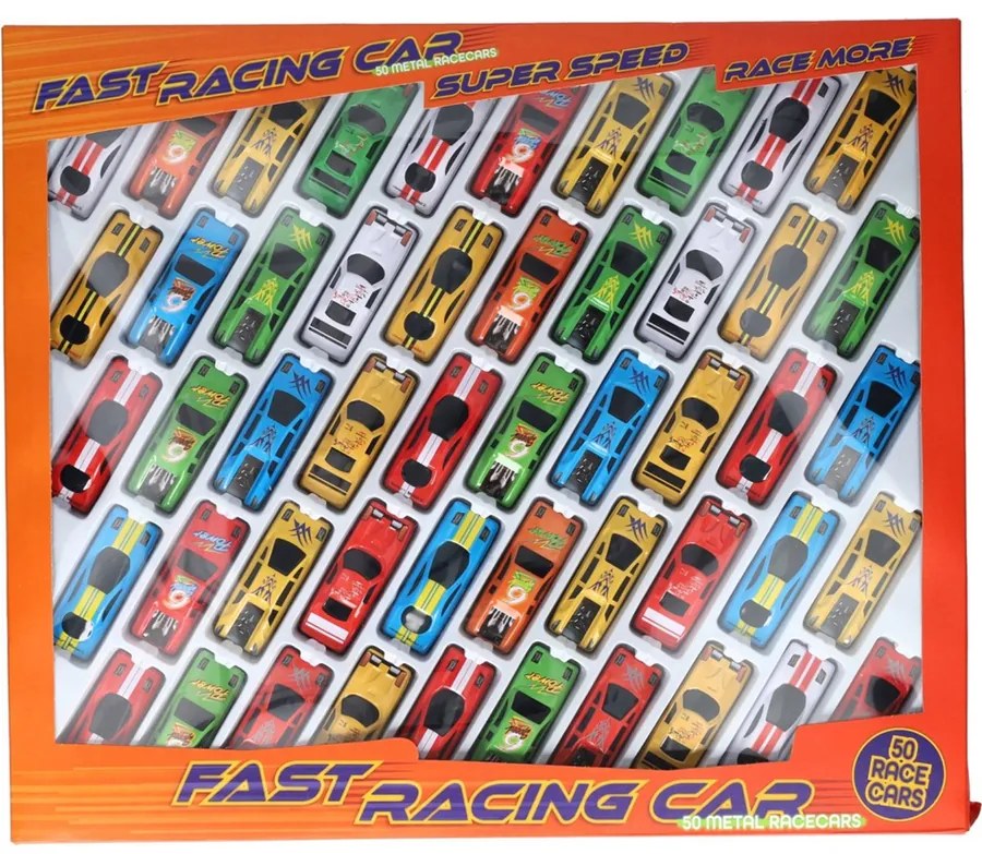 KidsToys 50 darabos fém versenyautó készlet, 75 mm-es
