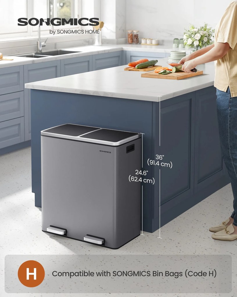 2 rekeszes pedálos recycling szemetes lágy záródással, szürke fém