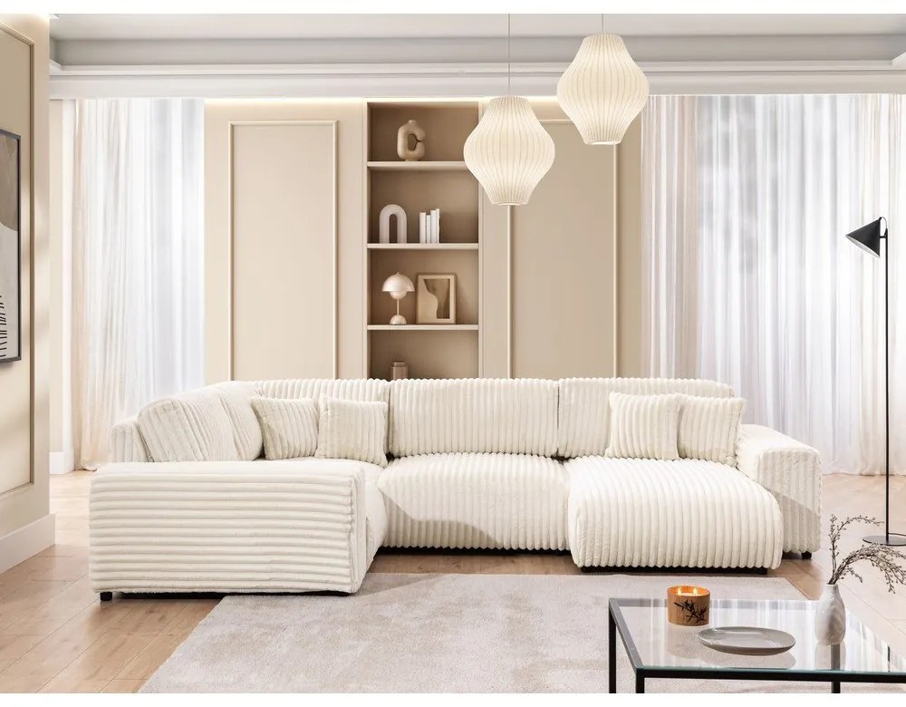 Krémszínű kordbársony sarokkanapé (bal oldali-U alakú) Justin – Ropez