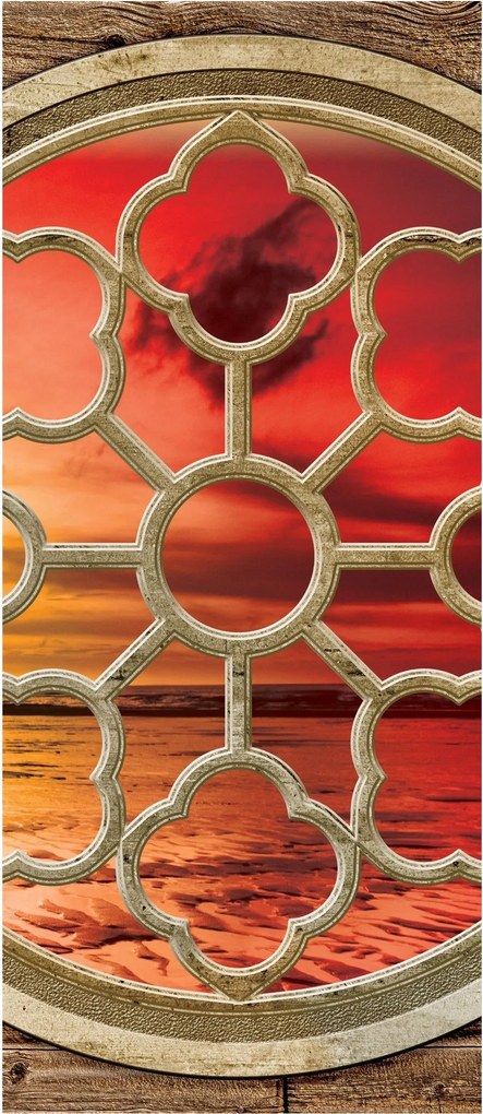 Fotótapéta Naplemente az ablakban Ív óceán fa 91x211 levelek +ragasztó