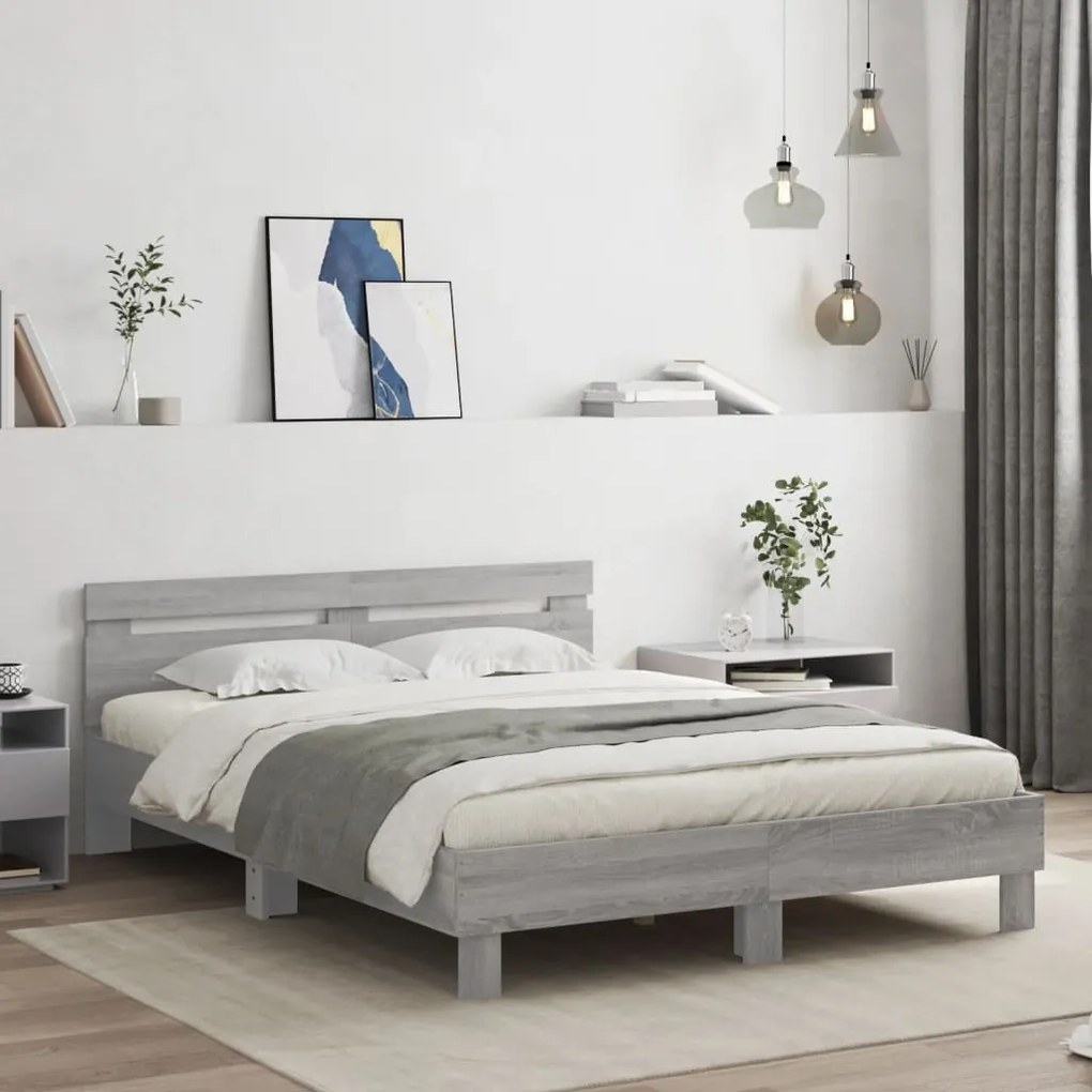 szürke sonoma színű ágykeret fejtámlával és LED-del 140x190 cm