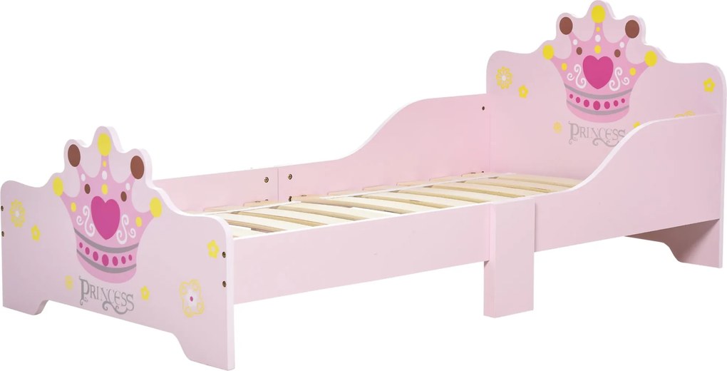 HOMCOM Gyermekágy 3 éves kor felett 143x73x60 cm Rózsaszín Fa Ágy Koronás Mintával 50 kg Teherbírással | Aosom