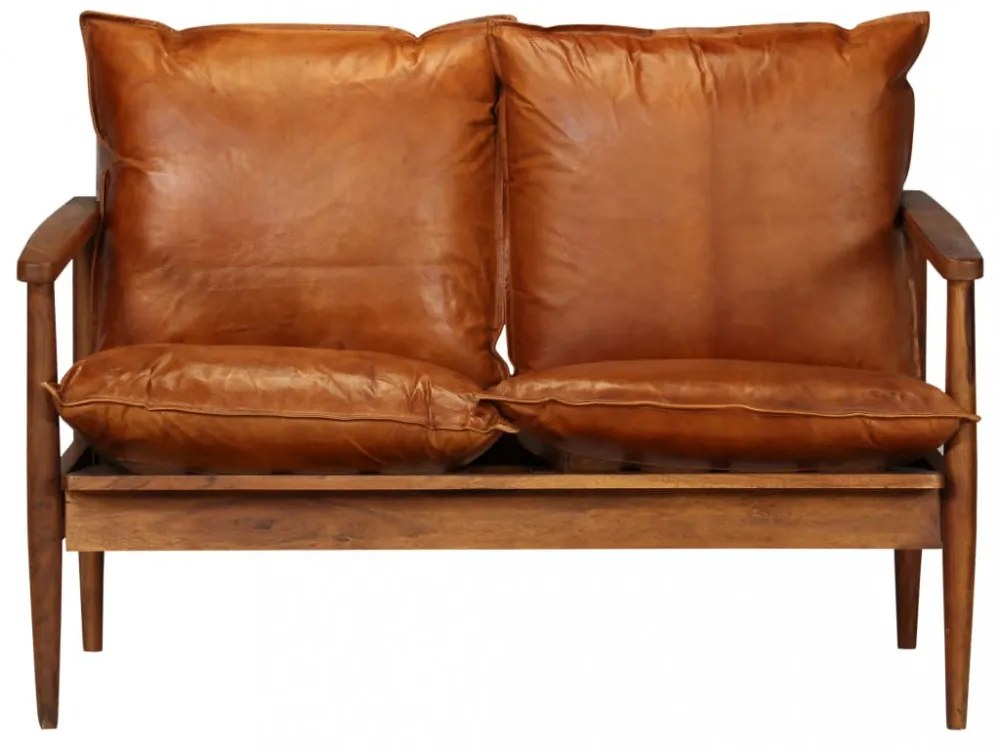 vidaXL 2 személyes valódi bőr kanapé barna akácfával