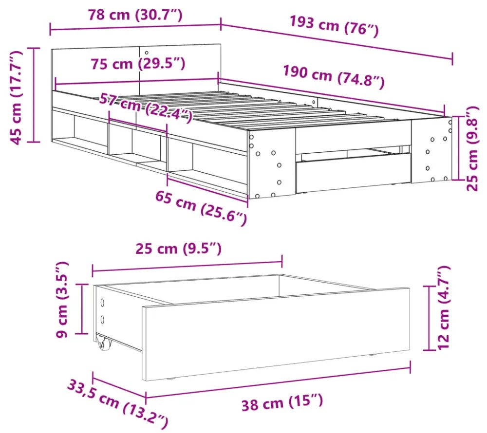 fekete szerelt fa ágykeret fiók 75x190 cm