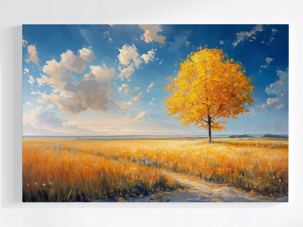 Vászonkép Canvas Arany Ősz Magányos Fa Rét Tájkép 120x80