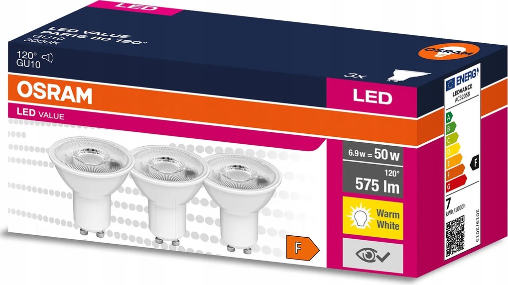 3x Led izzó GU10 6,9W 50W 575lm 3000K Meleg 120° Osram Value