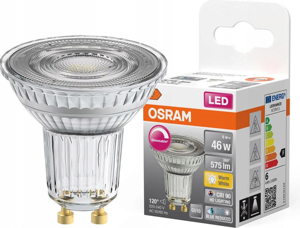 Led izzó PAR16 Reflektor GU10 6W 46W 575lm 2700K CRI90 120° Tompítható