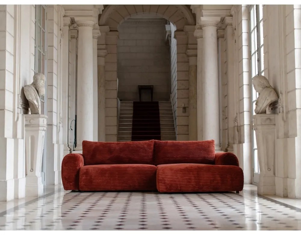 Téglavörös kordbársony kinyitható sarokkanapé (jobb oldali) Lucien – Bobochic Paris