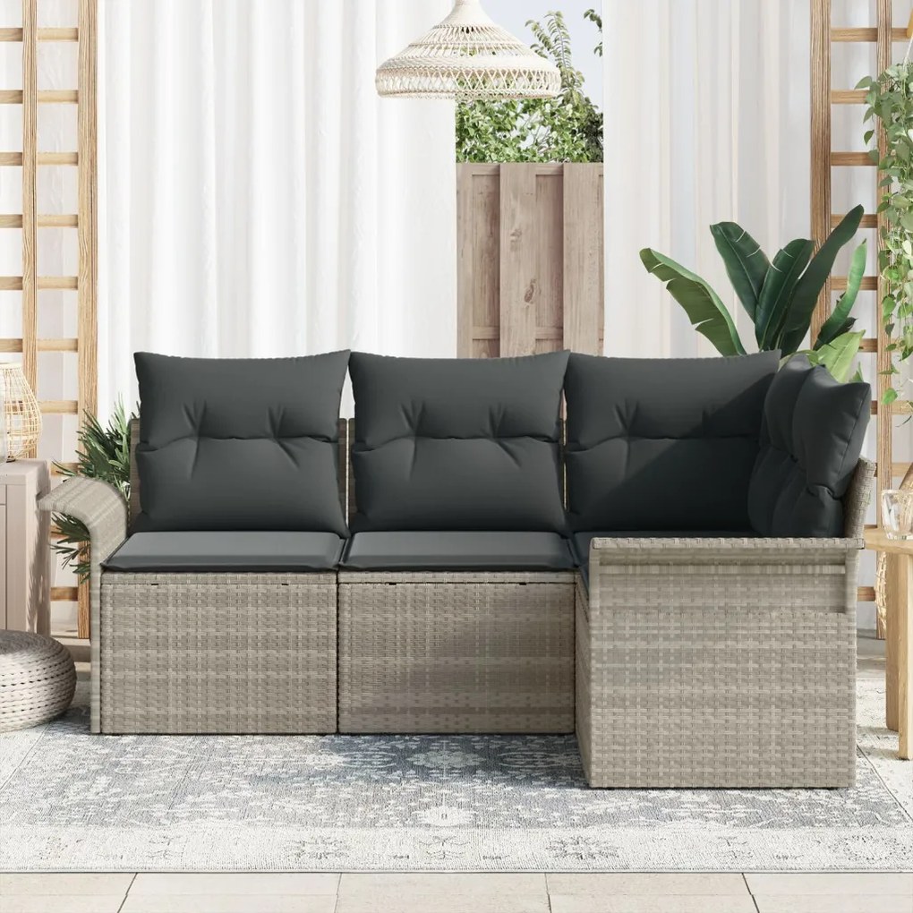 4 Részes Kerti Kanapé Szett Párnákkal Világosszürke Poly Rattan, 2 személyes Kerti Kanapé Tárolóval és Párnákkal Világosszürke Poly Rattan