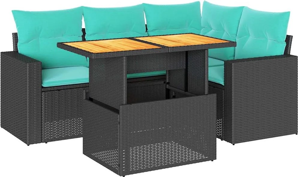 vidaXL 5 részes fekete polyrattan kerti kanapészett párnákkal